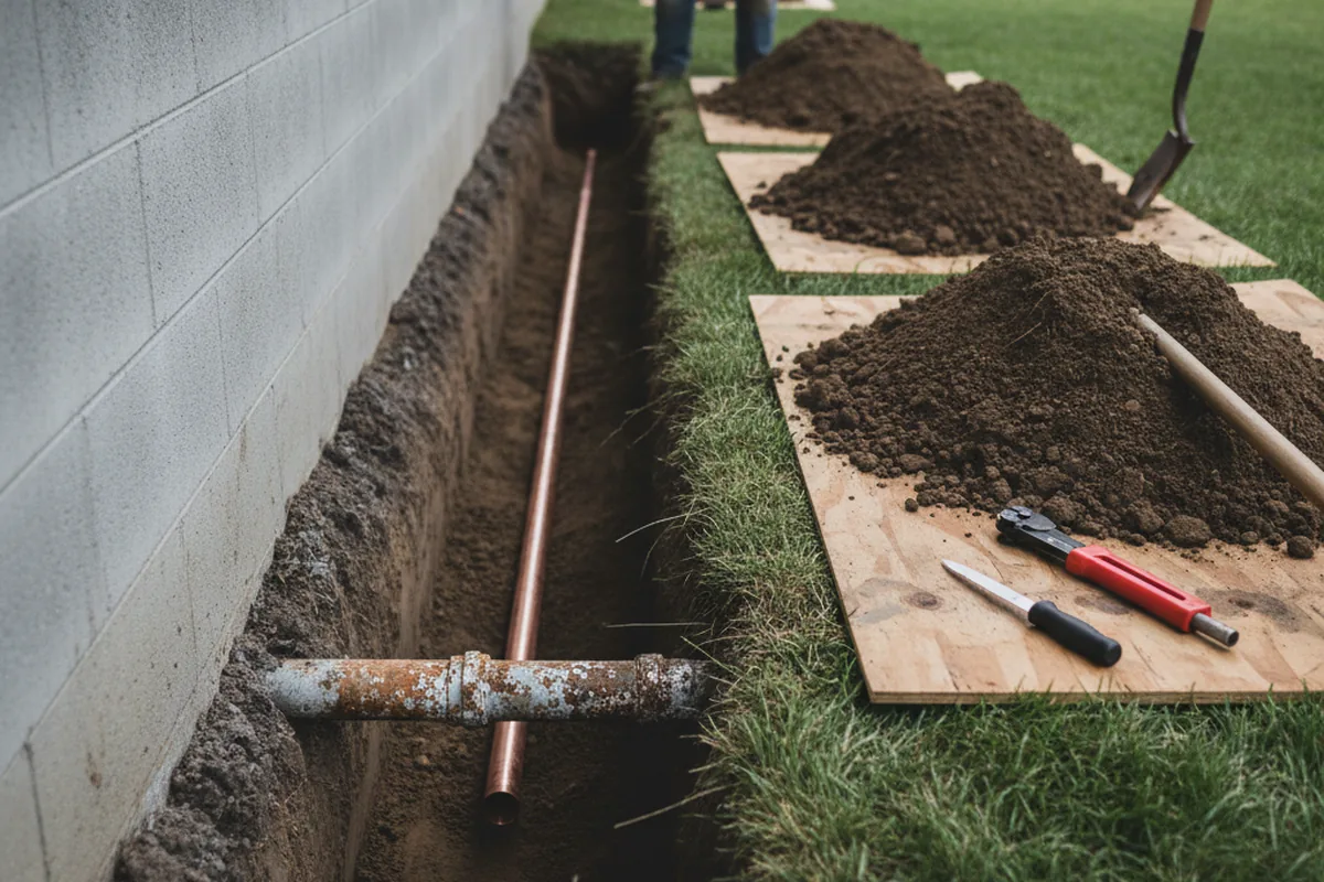 Excavated water line trench during Water Softener Installation in Bedminster